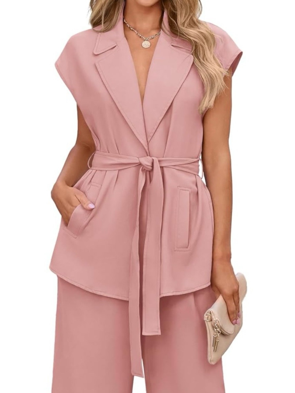 Cap Sleeved, Belted, Blazer Vest, Wide-Leg Pantsuit - Dusty Pink